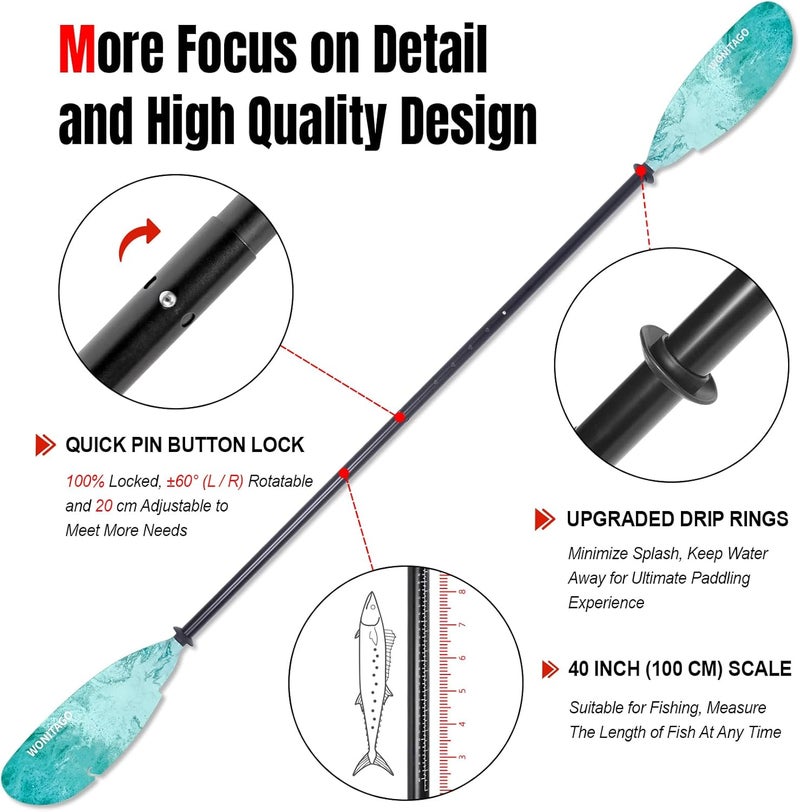WONITAGO Angler Kayak Paddles Aluminum Paddle with Plastic Blades and Paddle Leash, Floating Adjustable Fishing Kayak Oars, 3 Piece, 230-250cm/90-98 inch - Image 3